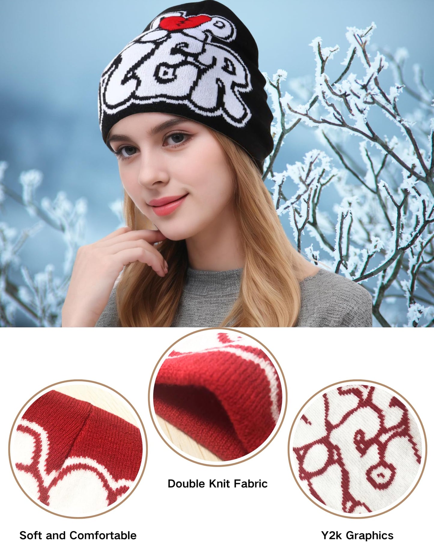 CORIRESHA Men Women Letter Graphic Y2k Beanie Knitted Hats Warm Winter Outdoor Caps