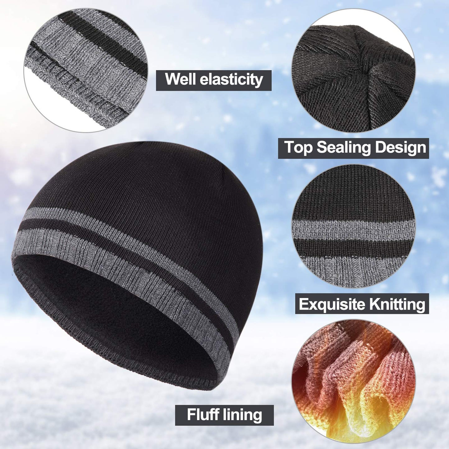 2 Pieces Winter Beanie Hat Men Knit Skull Cap Warm Knitted Watch Beanie Cap Ski Skull Cap Fleece Lined Beanie (Chic Style) (Classic Style) Black, Grey