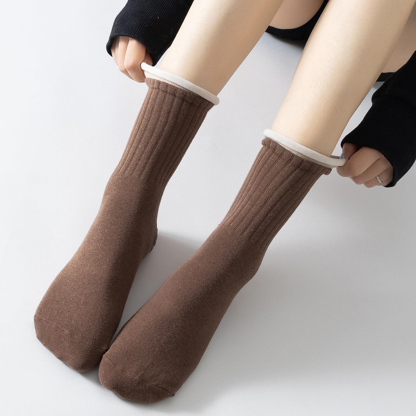Yoga Pilates Socks with Grips for Women Non Slip Colorful Cushioned Crew Socks for Barre Ballet Dance (Dark Coffee)