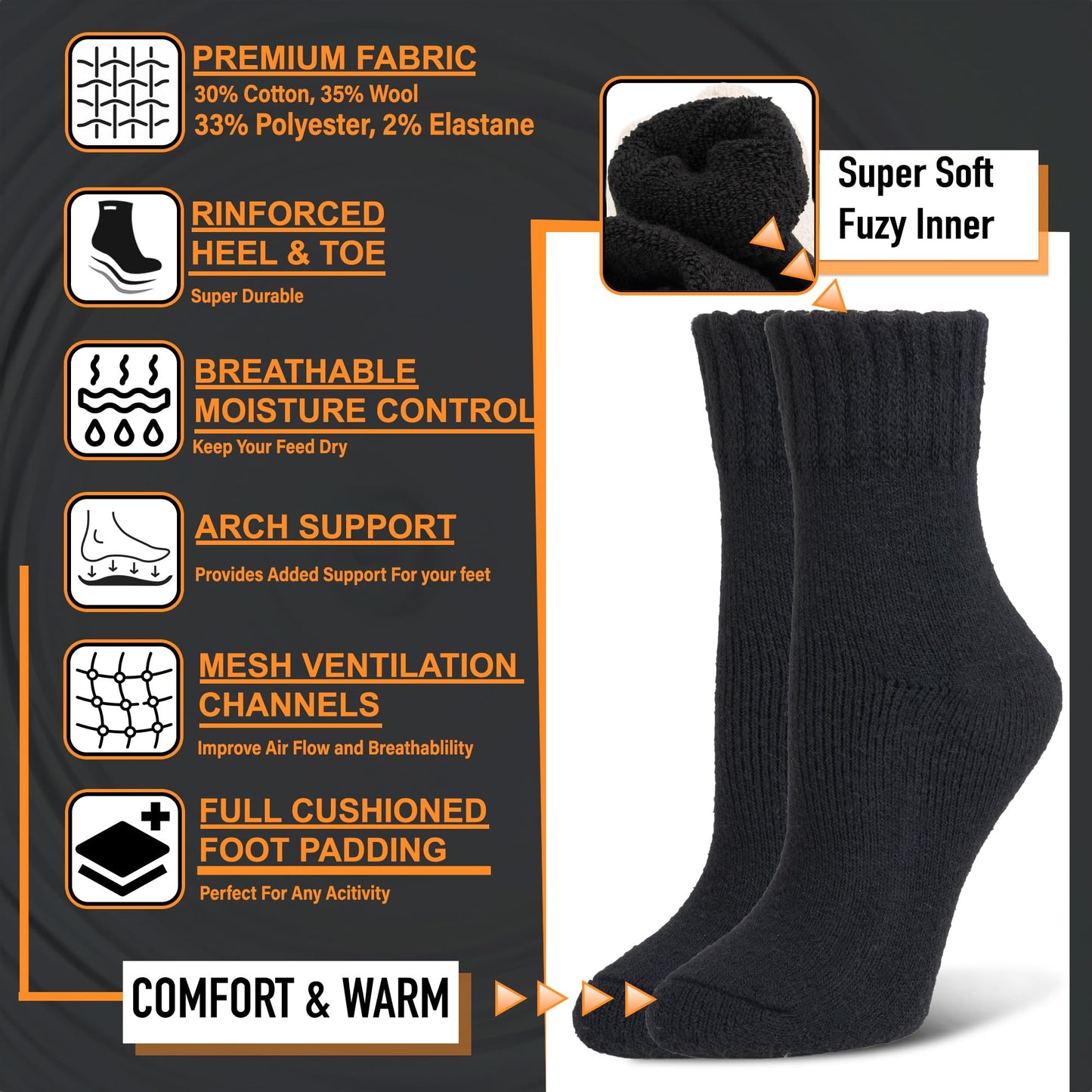NevEND 3 Pairs Women's Wool Merino Winter Thermal Boots Thick Insulated Heated Socks For Cold Weather Outdoor Activities Black
