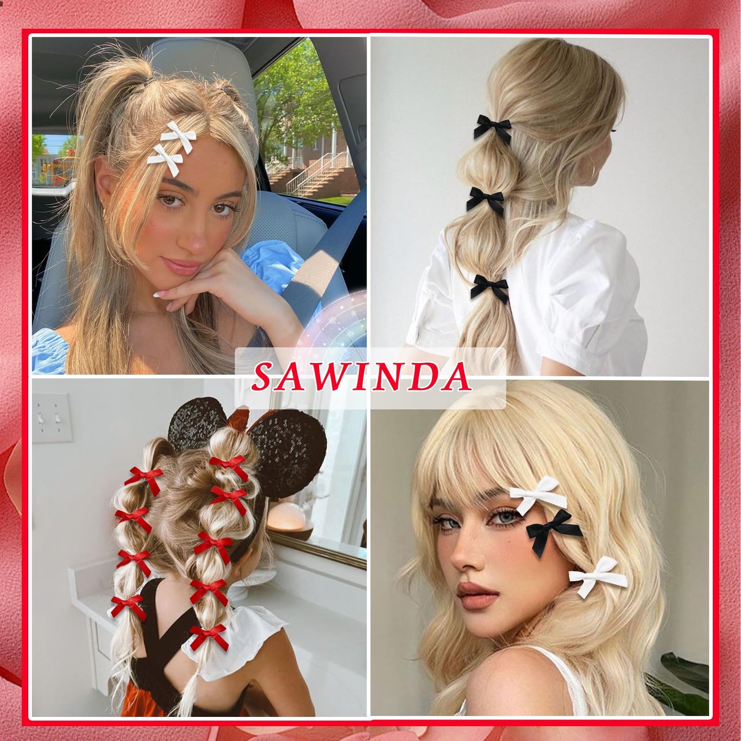 SAWINDA Mini Ribbon Bowknot Barrettes - 30PCS Metal Y2k Cute Black & White Claw Clips & Hair Accessories for Women Girls