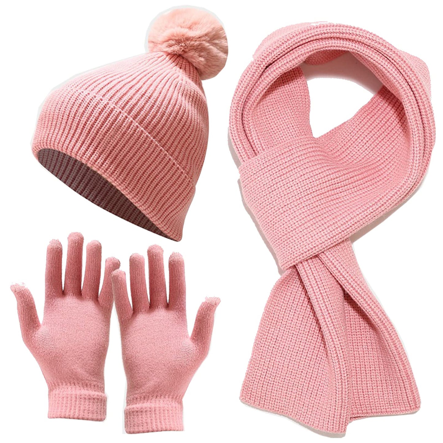 Winter Beanie Hat Scarf and Gloves Set for Women Girls, Soft Warm Thick Fleece Lined Knit Hat with Pompom, Winter Gloves and Scarf for Girls