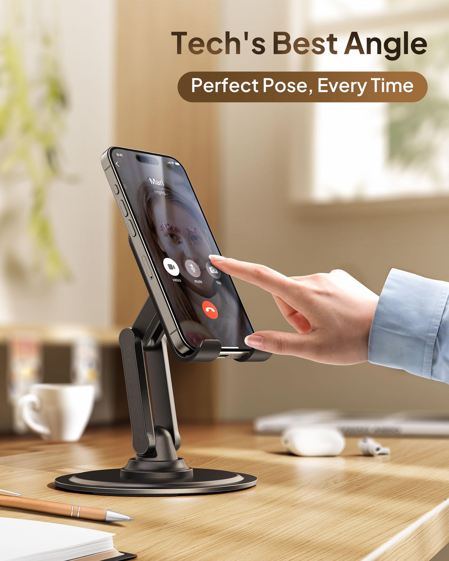 COOPER 360° Stand, Rotating Cell Phone Stand for Desk | Sturdy Metal Base, Foldable, Portable | Cell Phone Holder for Desk (Piano Black)