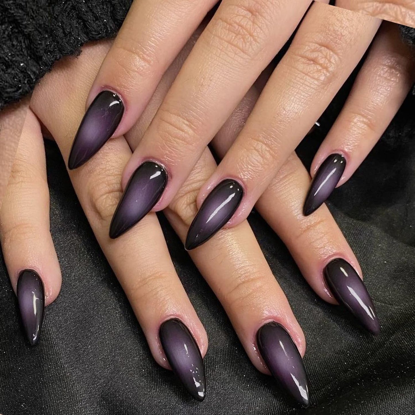 GLAMERMAID Black Pink Ombre Press on Nails Medium Almond, Purple Aurora Fake Crush Nails, Stiletto Fake Nails, Short Oval Stick Glue on Nails Tips for Women, Reusable Acrylic False Nail Kits