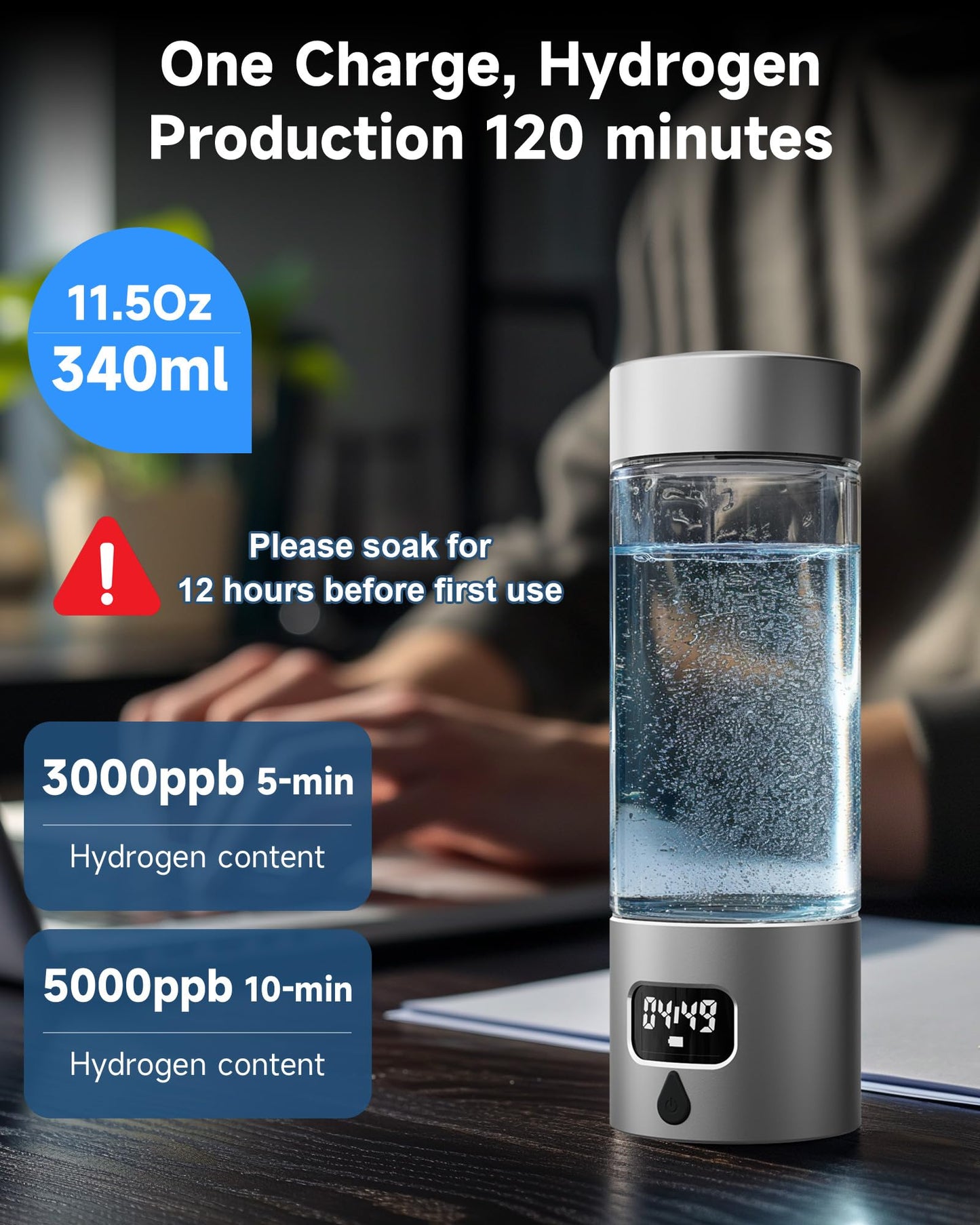 Hydrogen Water Bottle - Portable, Rechargeable, LED Timer, Aluminum and Glass, 5000 PPB Hydrogen in 10 Minutes, 340ml Capacity, FDA Certification, for Travel, Sports, Home, Office(Grey)