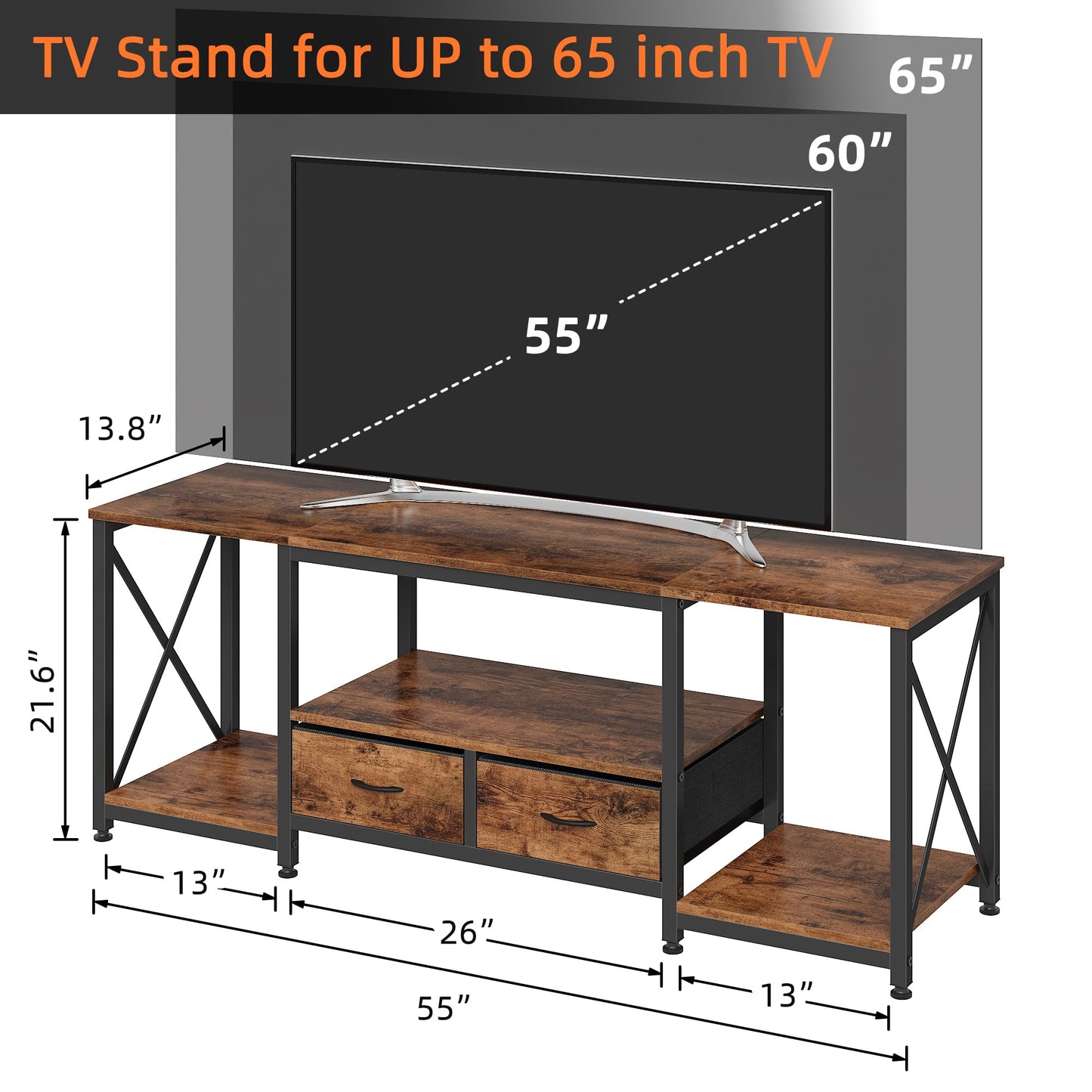 GYIIYUO TV Stand with Fabric Drawer - Entertainment Center and Industrial TV Console Table with Open Storage Shelves for Living Room, Bedroom - 55.1" Rustic Brown