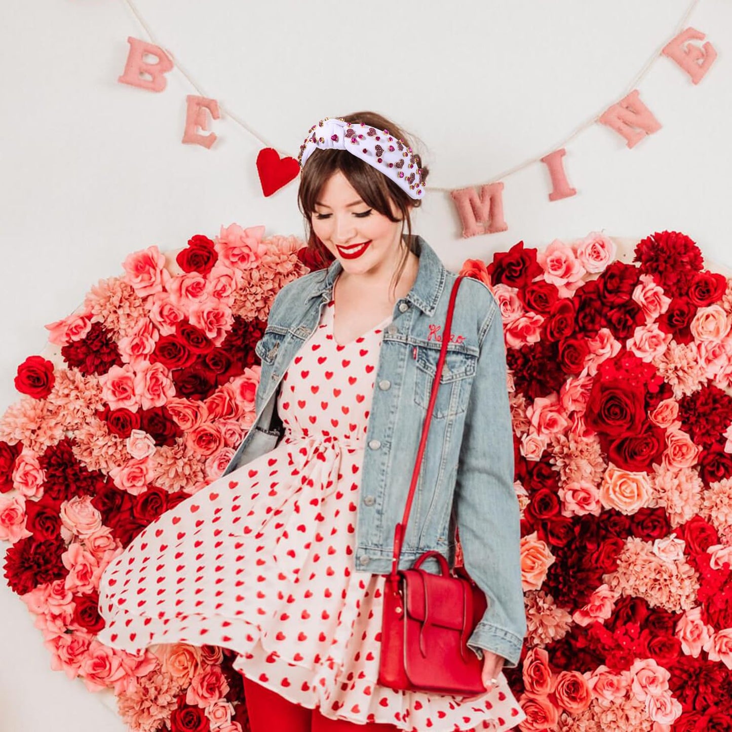 NVENF Women's Jeweled Crystal Rhinestone Knotted Wide Top Knot Headband - Red Pink Love Heart Hair Accessory Gift