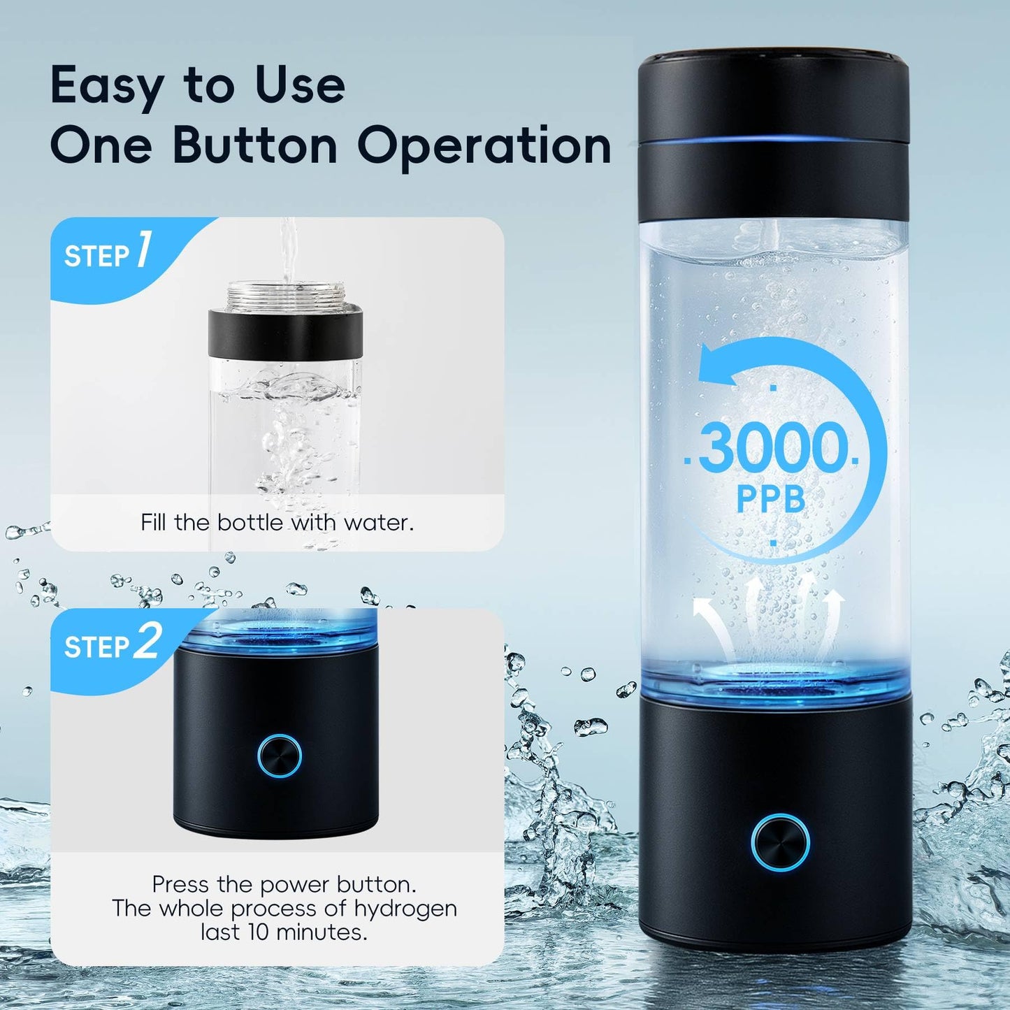 GasClub Hydrogen Water Bottle Generator, 4-in-1, 3000 PPB Portable Hydrogen Water Machine with SPE/PEM Technology, Rechargeable Hydrogen Water Ionizer Machine for Home, Office & Travel