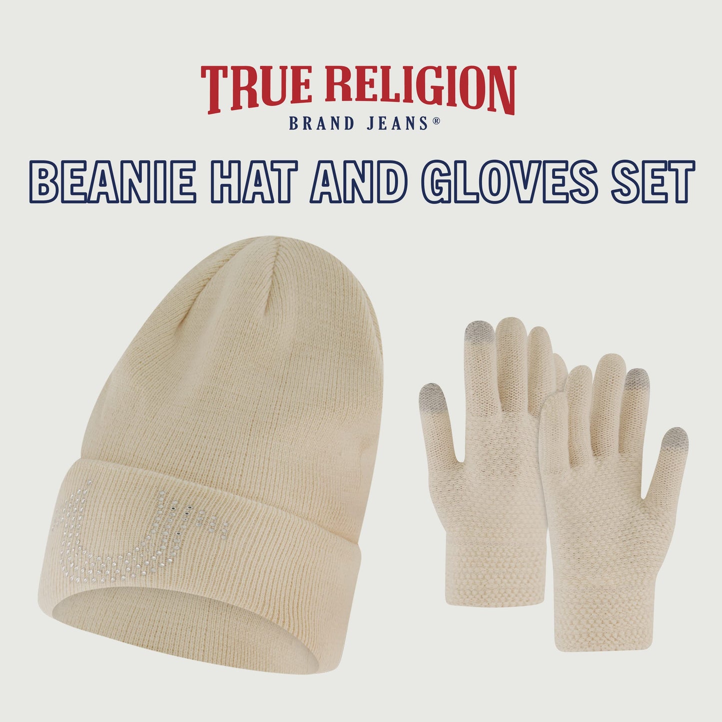 True Religion Beanie Hat and Touchscreen Glove Set, Cuffed Winter Knit Cap with Rhinestone Logo and Touch Screen Mittens, Off White, One Size