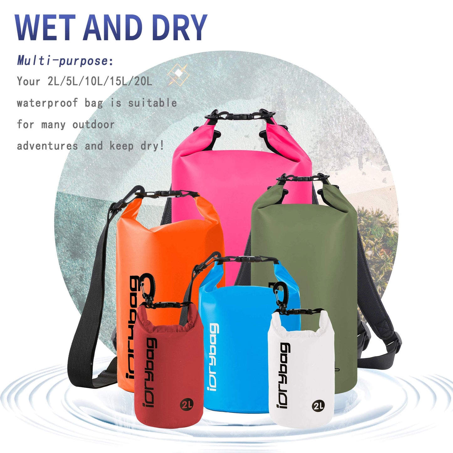 IDRYBAG Dry Bags for Kayaking Waterproof 2L/5L/10L/15L/20L, Small Dry Bag Waterproof Floating, Dry Sack Waterproof Bag for Paddleboarding Travel