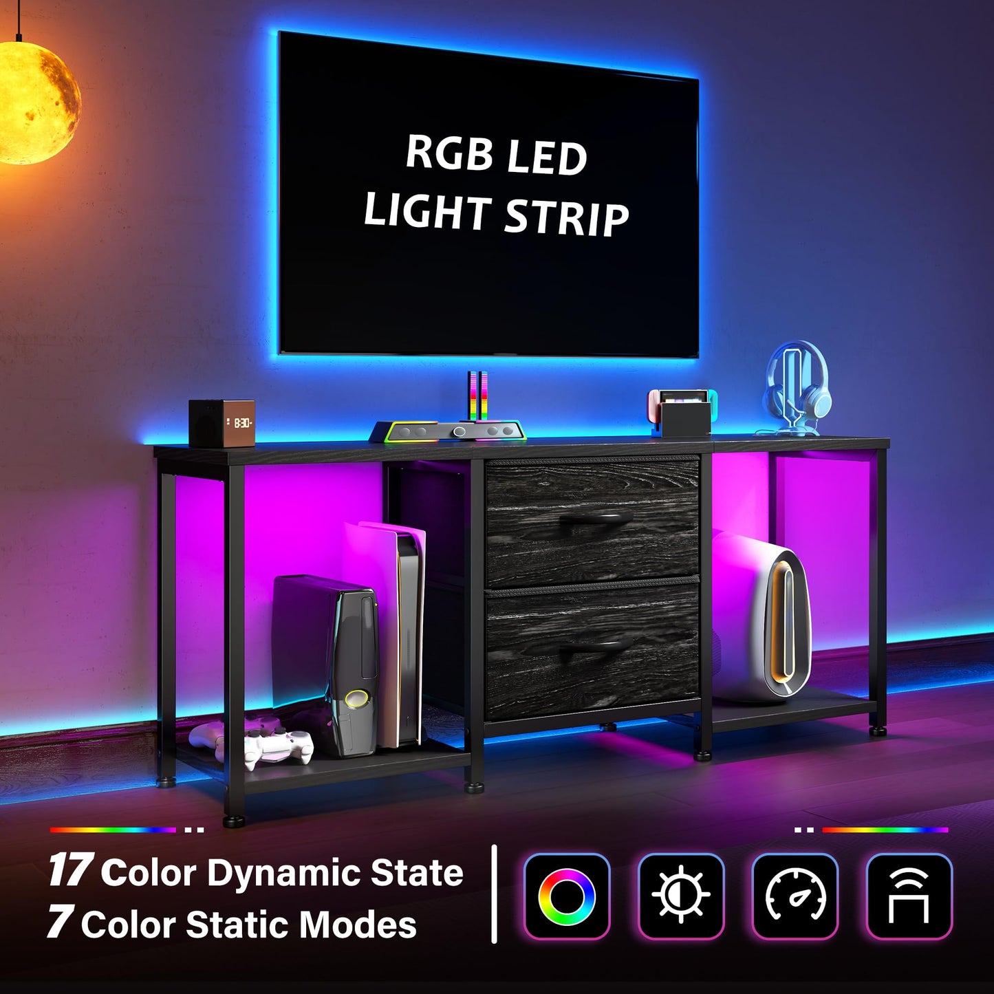 TV Stand for Bedroom with LED Lights, Dresser TV Stand with Two Fabric Drawers and Open Storage Shelves, TV Stands for Living Room, Entertainment Center, TV Console, Wood Top, Metal Frame, Black