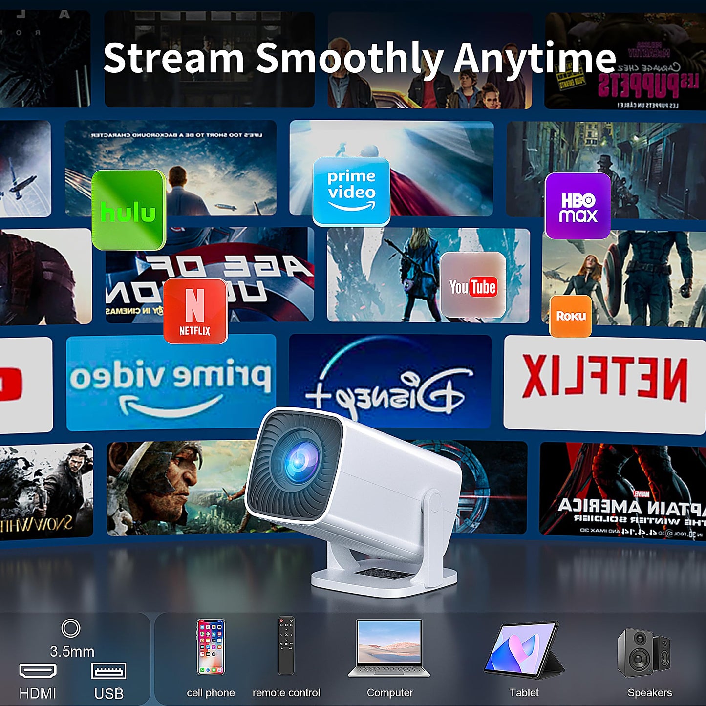 Mini Projector, Portable Outdoor Projector 4K Supported, Short Throw Movie Projector Compatible with Smartphone, TV Stick, Laptop, Game Consoles