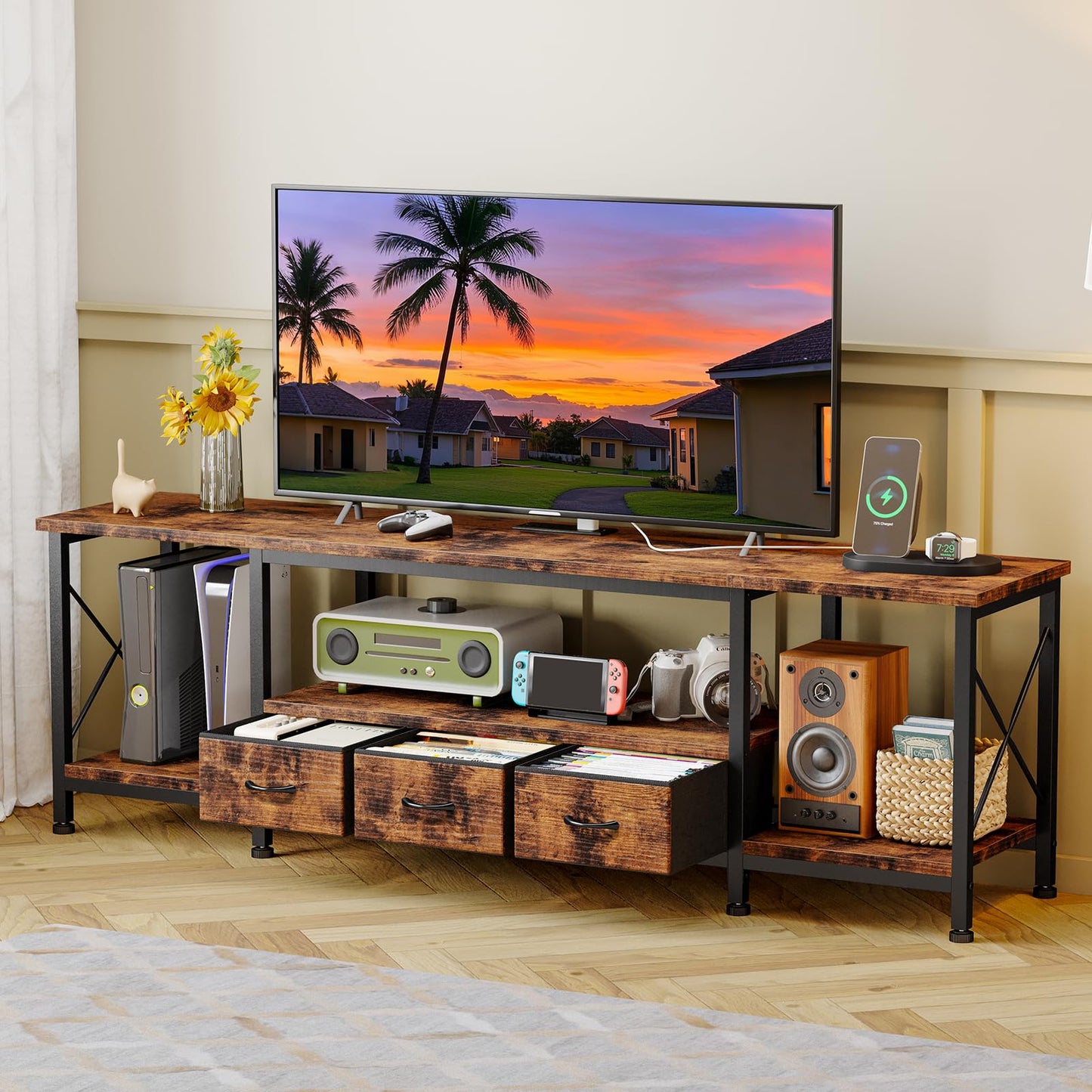 YGEOMER TV Stand for 75 Inch TV Entertainment Center with Power Outlets TV Console Table deepen with Fabric Drawers Metal Frame Storage Shelves and for Living Room, Bedroom 63" Rustic Brown