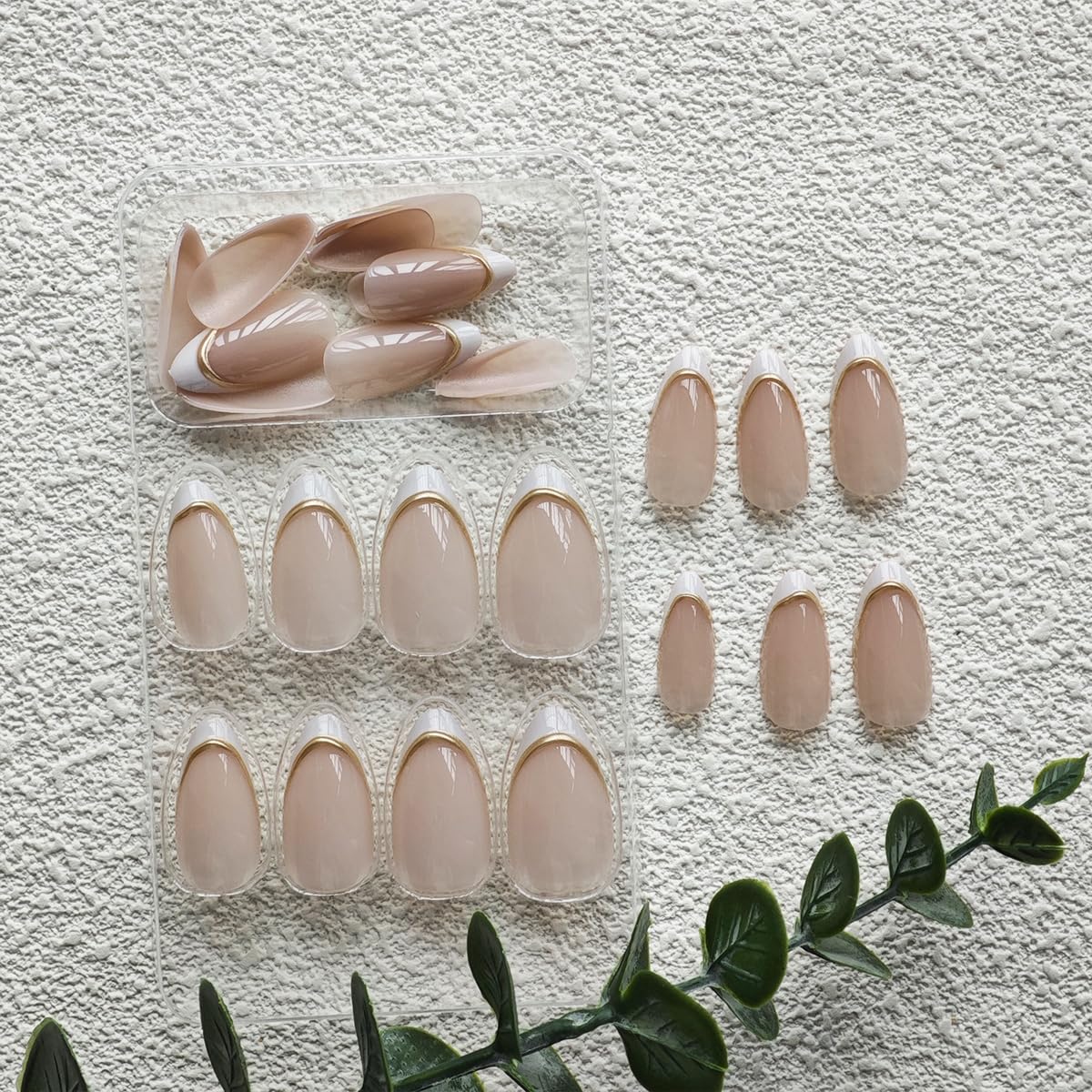 White French Tip Press On Nails - Medium Almond Shape, Nude Glossy Finish with 3D Gold Stripes Design, 24pcs Full Cover Stick On False Nails for Women's Manicure