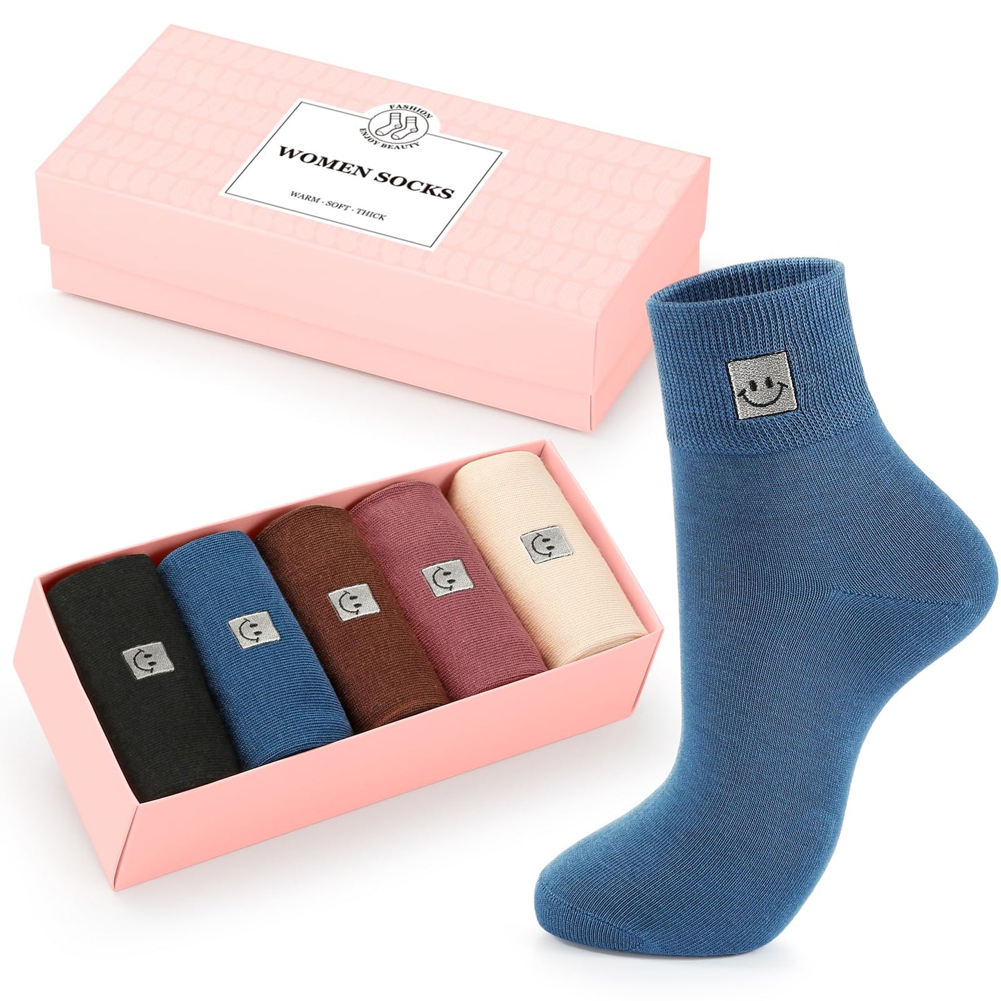 HUGSWEET Soft Cotton Women Socks above Ankle Crew Bootie Socks Cute Lovely Smiley Face Novelty Socks Gifts for Women 5 Pairs