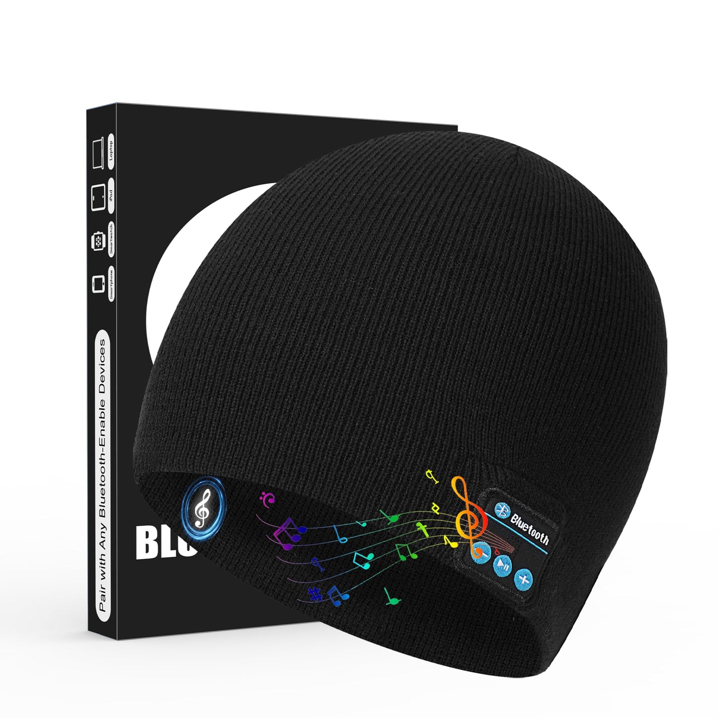 Bluetooth Beanie for Men & Women, Winter Knit Music Hat with Cordless Headphones, 24 Hour Play time, Built-in Microphone and HD Stereo Speakers, Unique Christmas Tech Gifts for Outdoor Homes Black