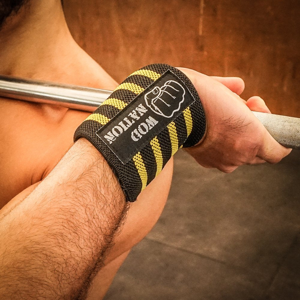 WOD Nation Wrist Wraps for Weightlifting, 18” Professional Gym Wrist Straps w/Thumb Loop for Men & Women, Wrist Support Wraps for Strength Training, Powerlifting & Bodybuilding (Black/Yellow)