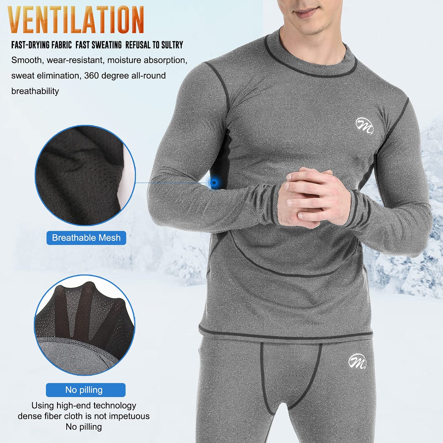 MeetHoo Men’s Thermal Underwear Set, Compression Base Layer Sports Long Johns Fleece Lined Winter Gear Running Skiing Grey