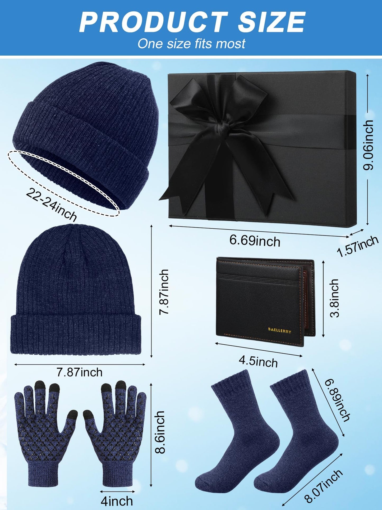 Cuffbow 5 Pcs Winter Beanie Hat Socks Wallet Touchscreen Gloves Set Gift Box for Men Women Cold Weather Birthday Presents(Blue)