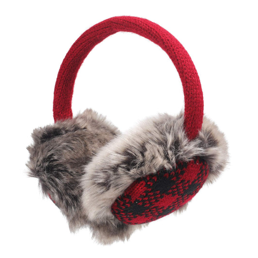 ZLYC Winter Faux Fur Adjustable Earmuffs Cute Knit Fuzzy Ear Muffs for Women Girls (Plaid Red)