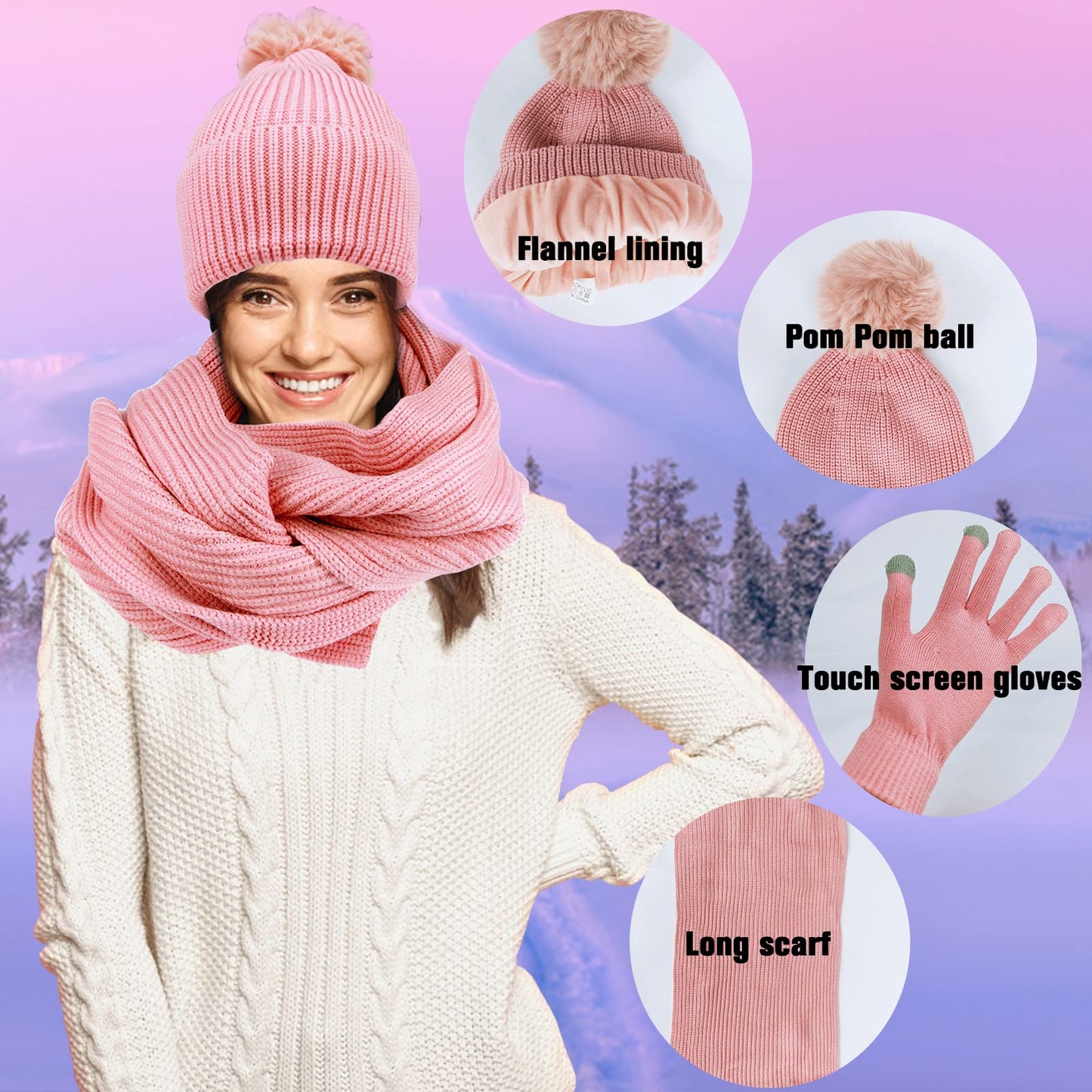 Winter Beanie Hat Scarf and Gloves Set for Women Girls, Soft Warm Thick Fleece Lined Knit Hat with Pompom, Winter Gloves and Scarf for Girls