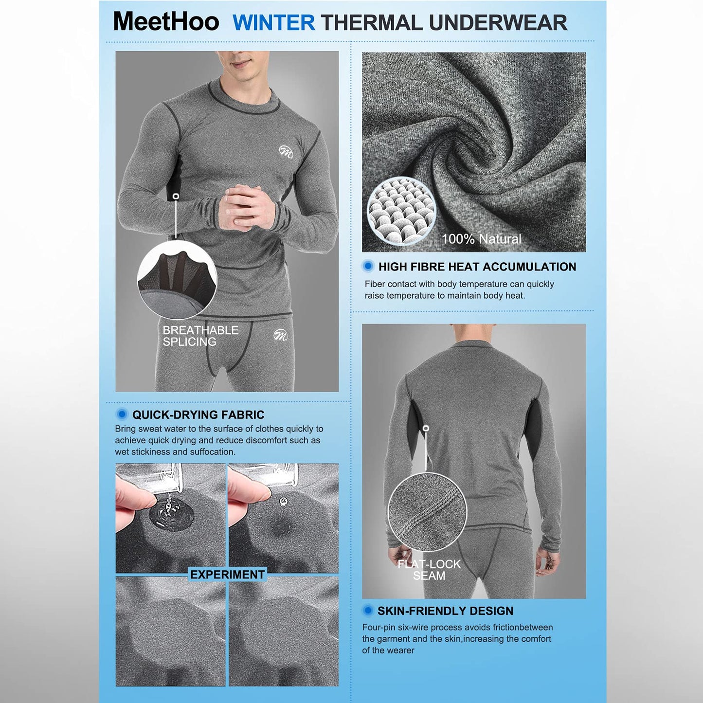 MeetHoo Men’s Thermal Underwear Set, Compression Base Layer Sports Long Johns Fleece Lined Winter Gear Running Skiing Grey