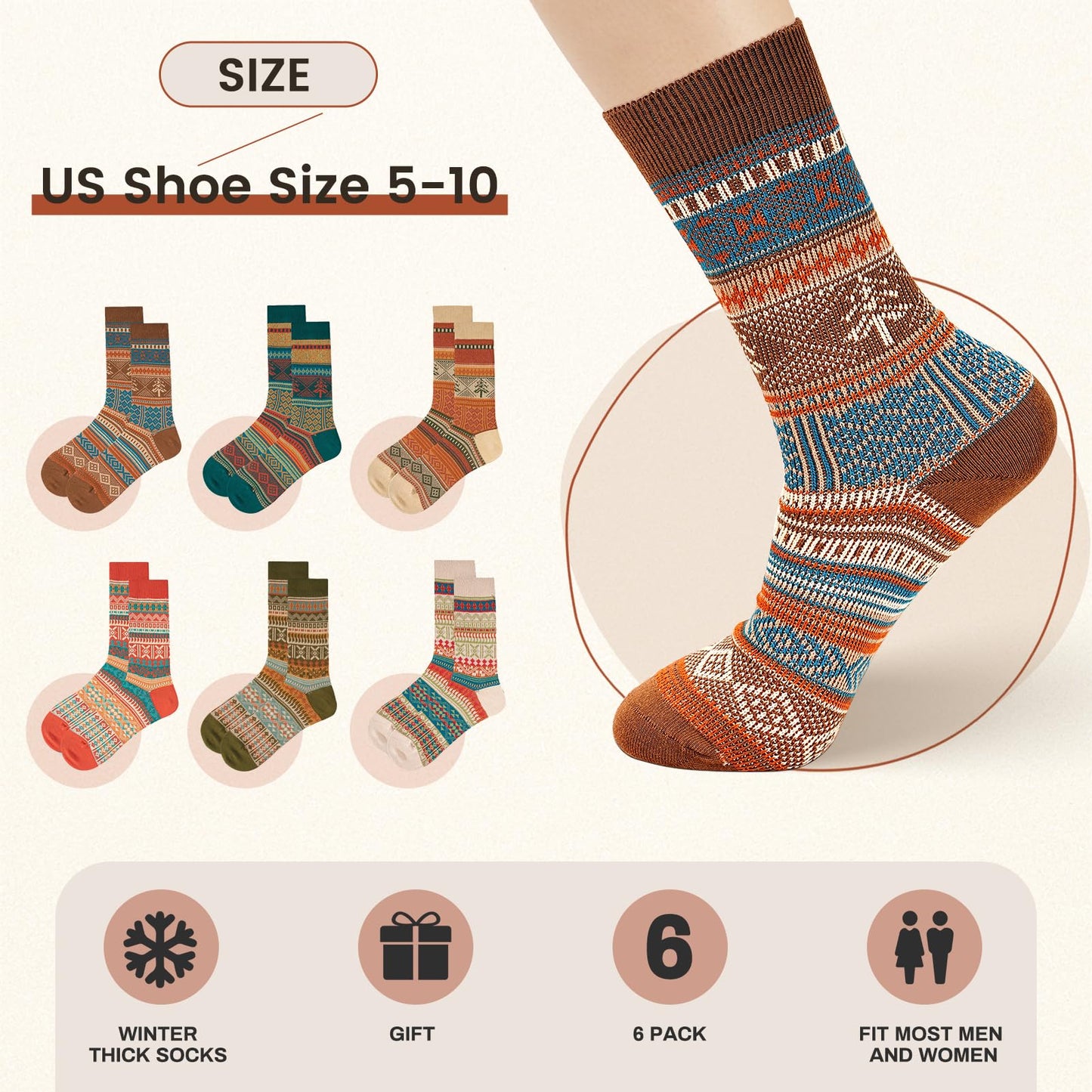 Luckit 6 Pack Wool Socks for Men Women, Warm Cotton Socks Winter Cabin Socks, Vintage Fall Patterned Socks Unisex Knit Socks (Maple leaf)