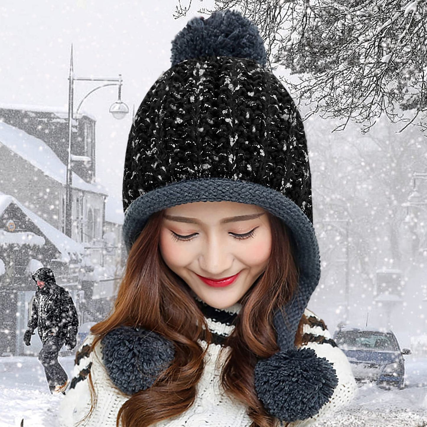 HUAMULAN Women Winter Knit Ear Flaps Beanie Hats Sherpa Peruvian Cover Ears Warm Fleece Lined Fluffy Ski Snow Hat 3 Pompoms