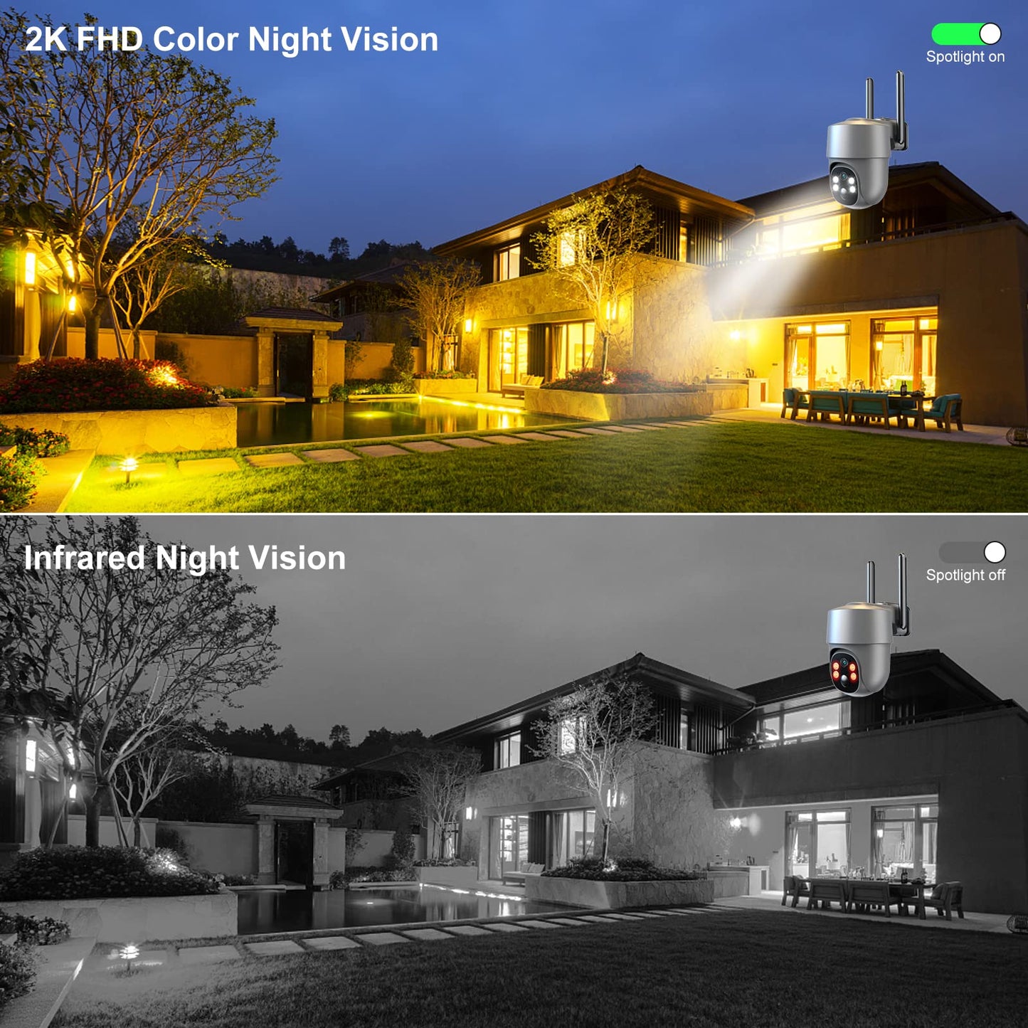 Xparkin Solar Security Cameras Wireless Outdoor, Mulit-Functional Home Security WiFi Camera with PIR Motion Detection & Floodlight, Weatherproof for Garden Front/Back Yard (2.4G WiFi Camera Grey)