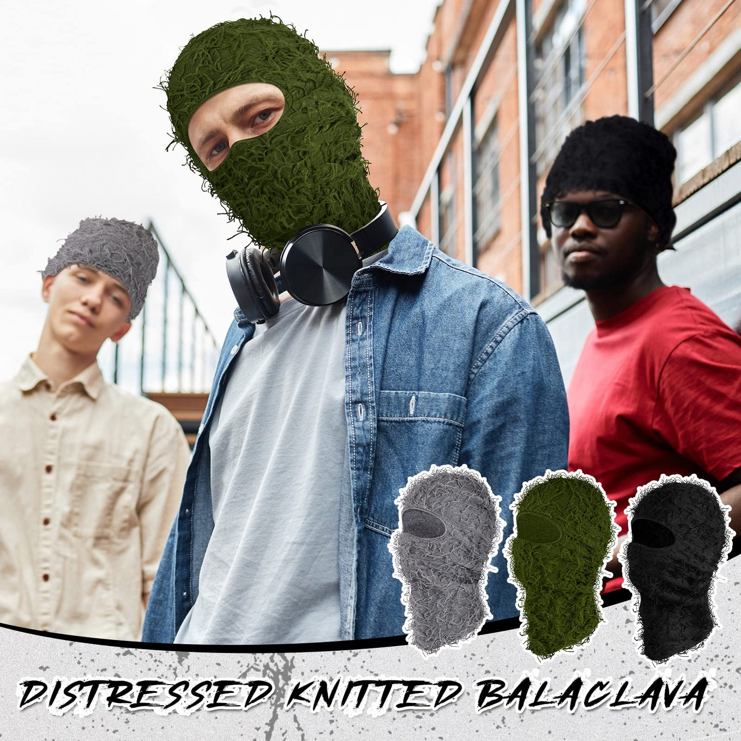 Newcotte 3 Pcs Distressed Balaclava Full Face Ski Mask Cool Knitted Balaclava Windproof Ski Mask for Men Women Cold Weather (Black, Dark Gray, Army Green)