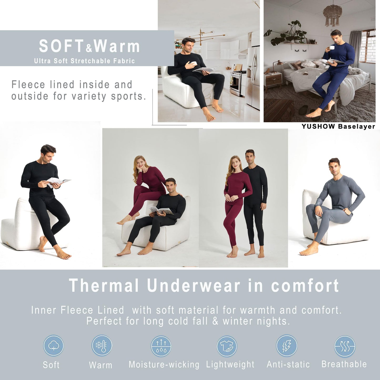 YUSHOW Mens Thermal Underwear Set, Long Johns for Men With Fleece Lined Base Layer Set Cold Weather Winter Top & Bottom Grey