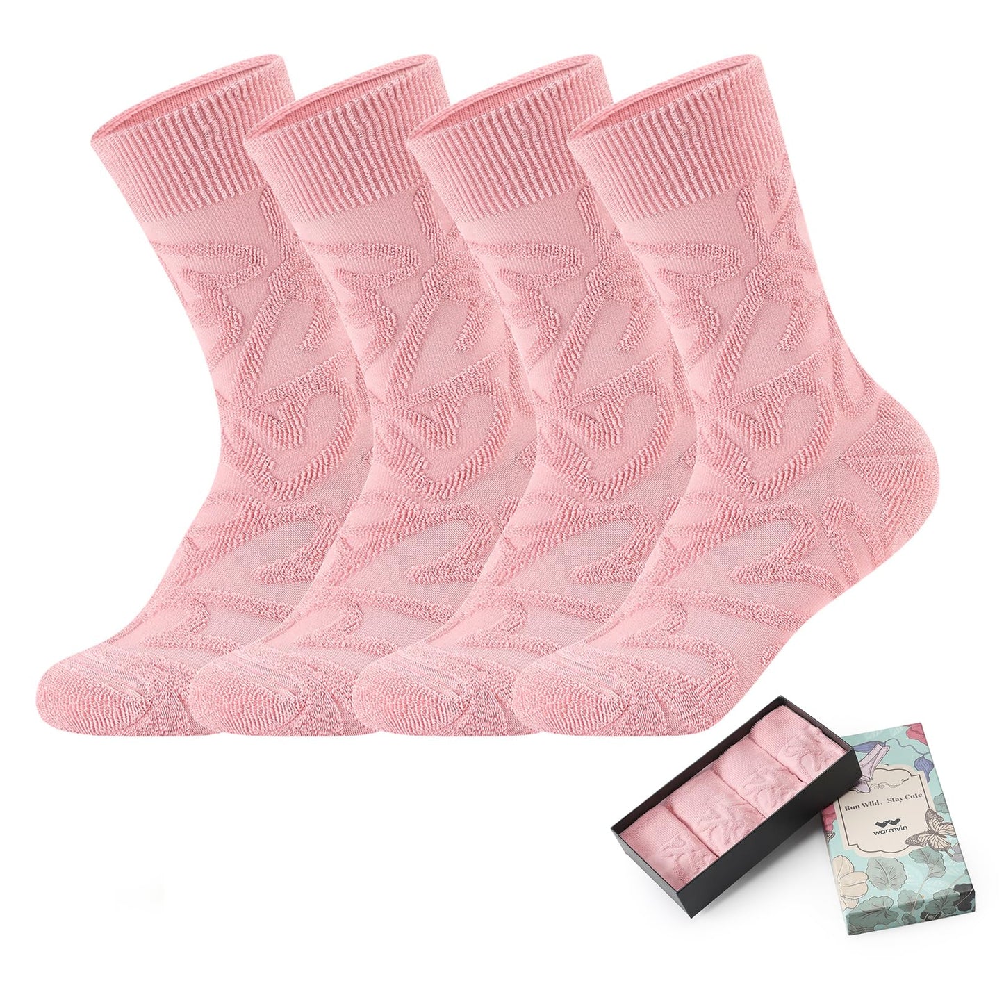 WARMVIN Winter Cozy Socks for Women Warm Thick Knit Boot Socks with Emboss Heart Pattern, Solid Pink 4 Pairs Pack Size 5-9