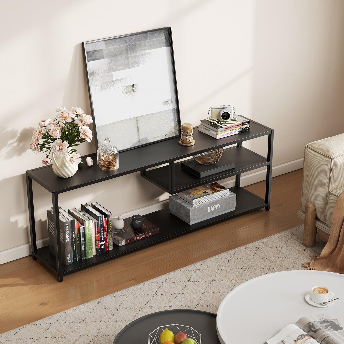 TECHMILLY Modern TV Stand for 55" TV, TV Table with Storage Shelves, Entertainment Center with Metal Frame, TV Console Table for Living Room, Bedroom, Black