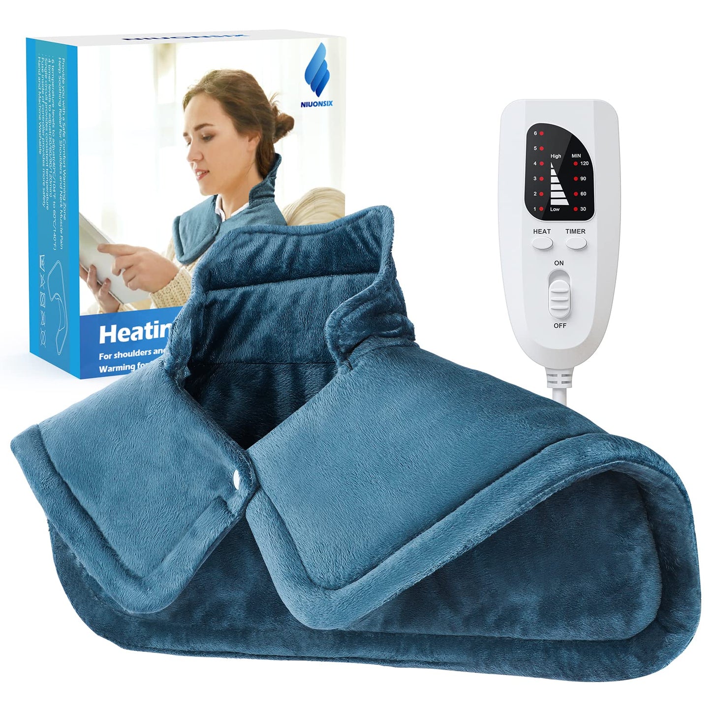 NIUONSIX Heating Pad for Neck and Shoulders and Back, Birthday Gifts for Women Mom Wife Men Dad, Weighted Electric Heated Wrap for Pain Relief and Daily Relax, 6 Heat Settings 4 Timers Auto Off, Blue