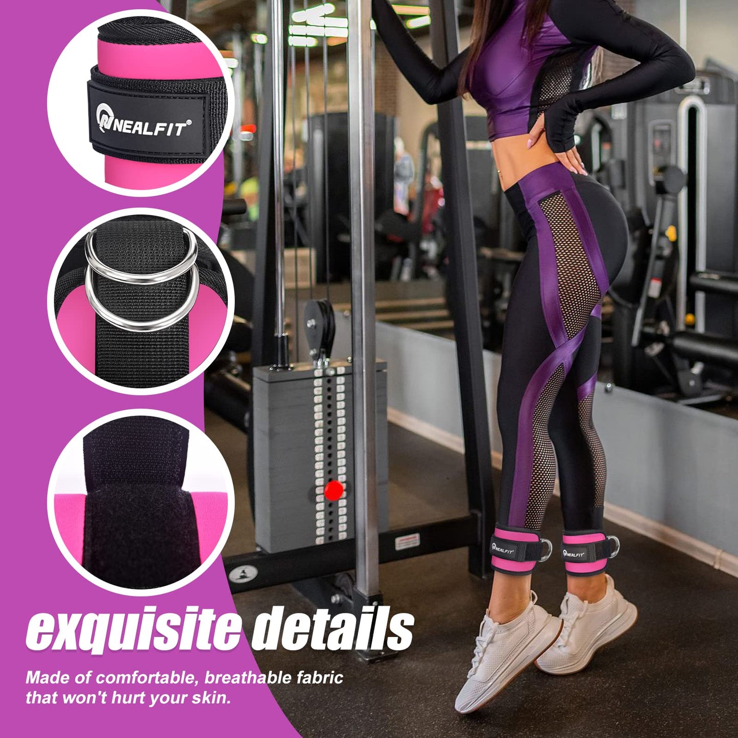 NEALFIT Ankle Strap for Cable Machine, Gym Ankle Cuff for Kickbacks, Leg Extensions, Glute Workouts, Booty Hip Abductors Exercise for Women and Men (Pair, Pink)