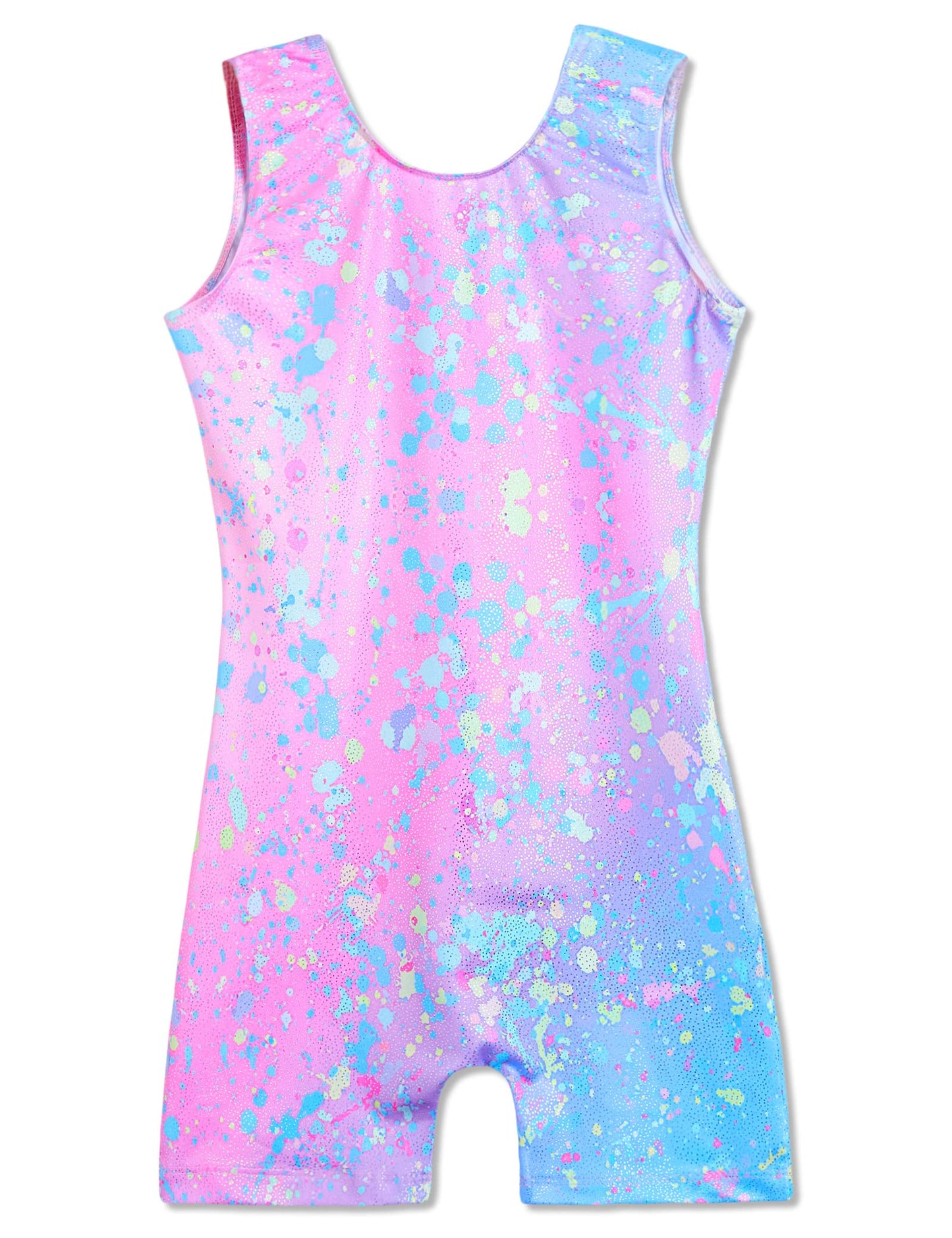 Domusgo Girls Gymnastics Leotards Size 8-9 Years Old Shiny Colorful Graffiti Dot Sleeveless Biketard with Shorts