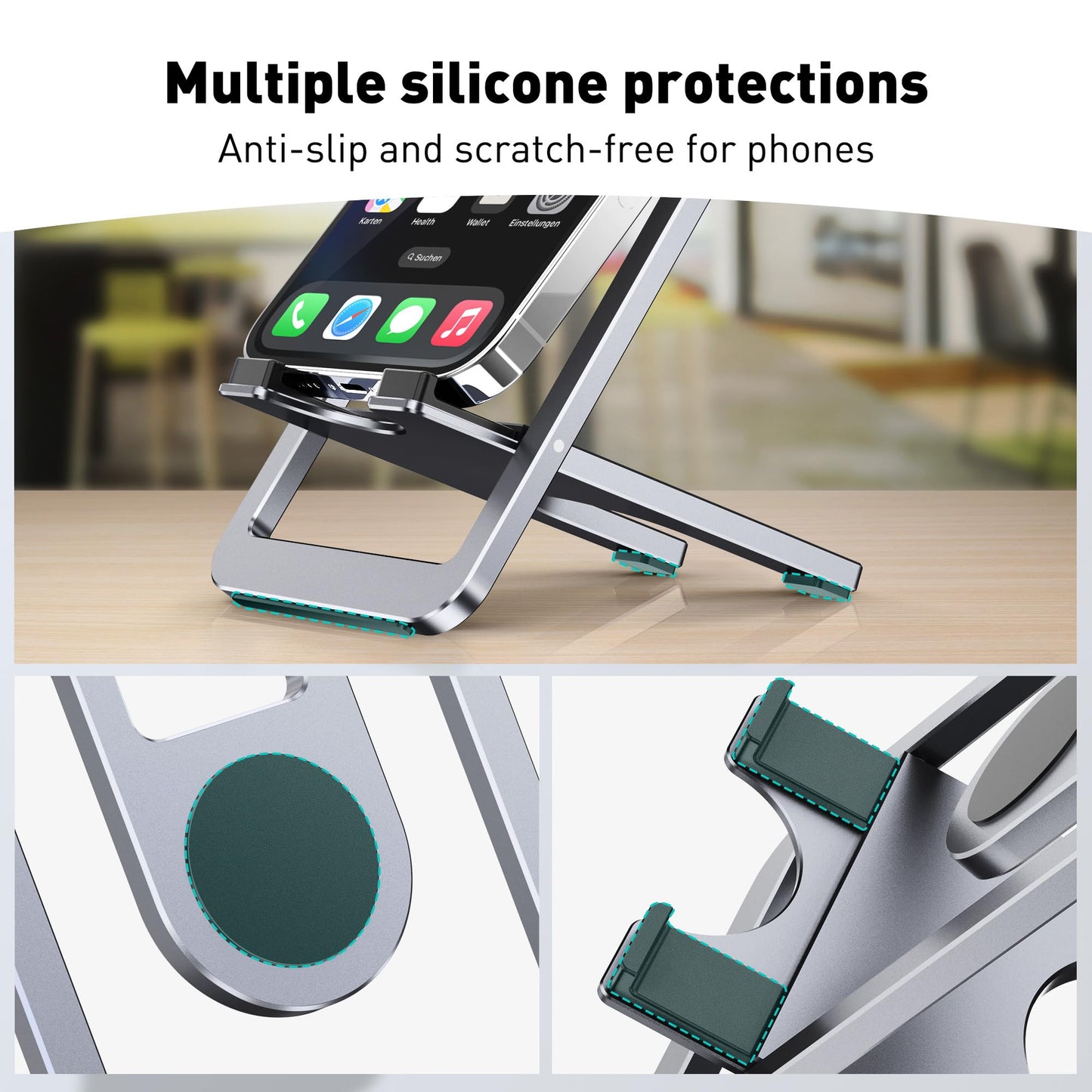 DeskLogics Portable Phone Stand for Desk, Aluminum Adjustable Cell Phone Holder, Foldable Travel Cellphone Dock Compatible with iPhone 15 14 13 Pro Max Mini, 12 11 XR 8 7 6 Plus SE (Grey)