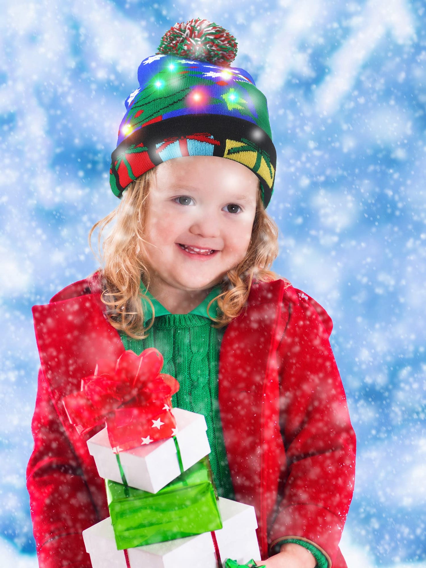 4 Pieces Led Christmas Knitted Hat Light up Xmas Beanie Cap Novelty Unisex Led Winter Snow Hat with 6 Colorful Led