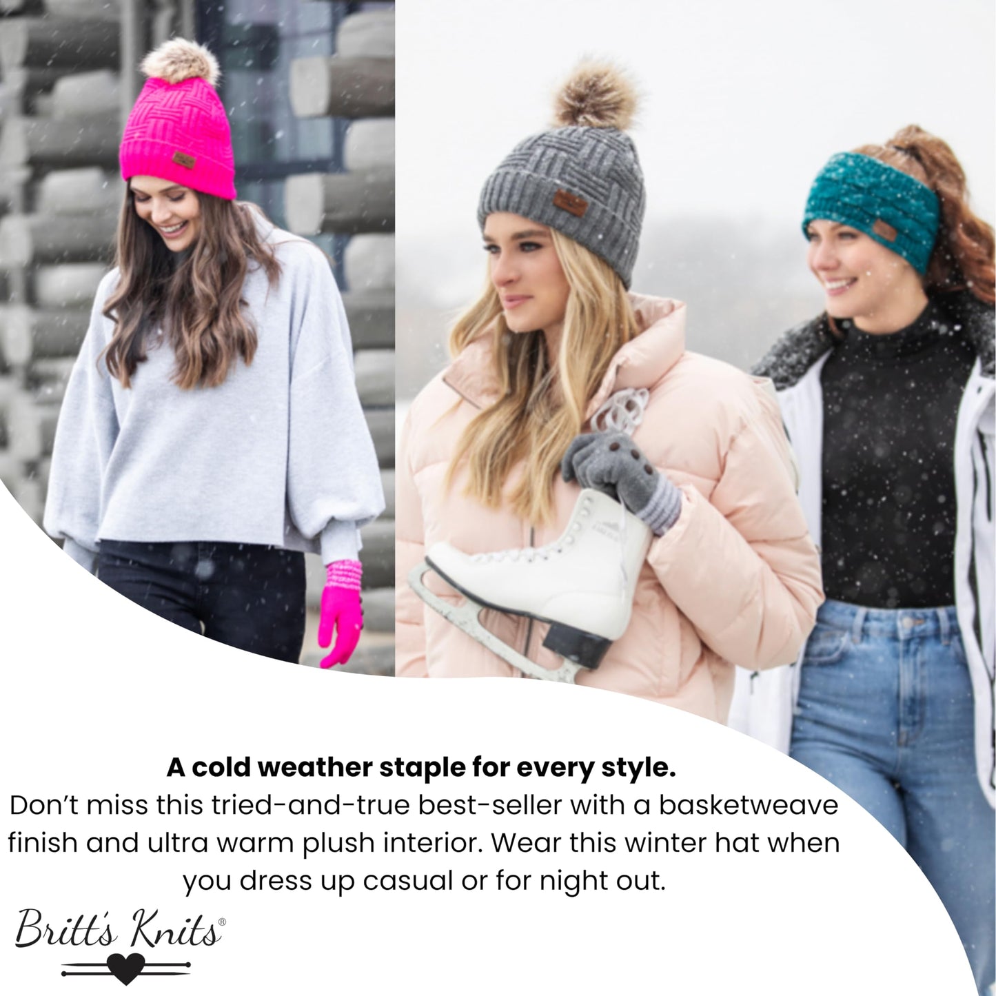 Britt's Knits Women's Plush-Lined Knit Hat with Pom, Charcoal, One Size