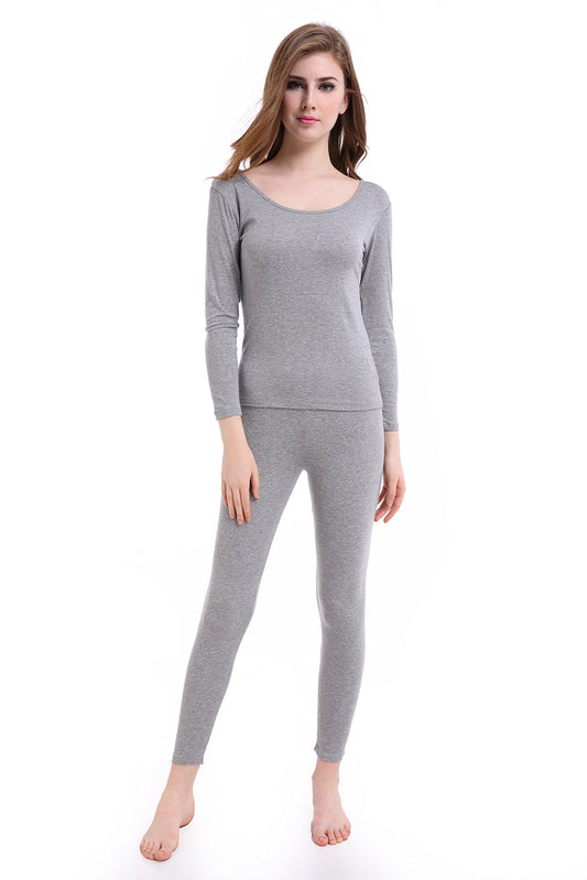 Winter Ultra Thin Long Johns Crew Neck Base Layer Thermal Underwear for Women Light Gray