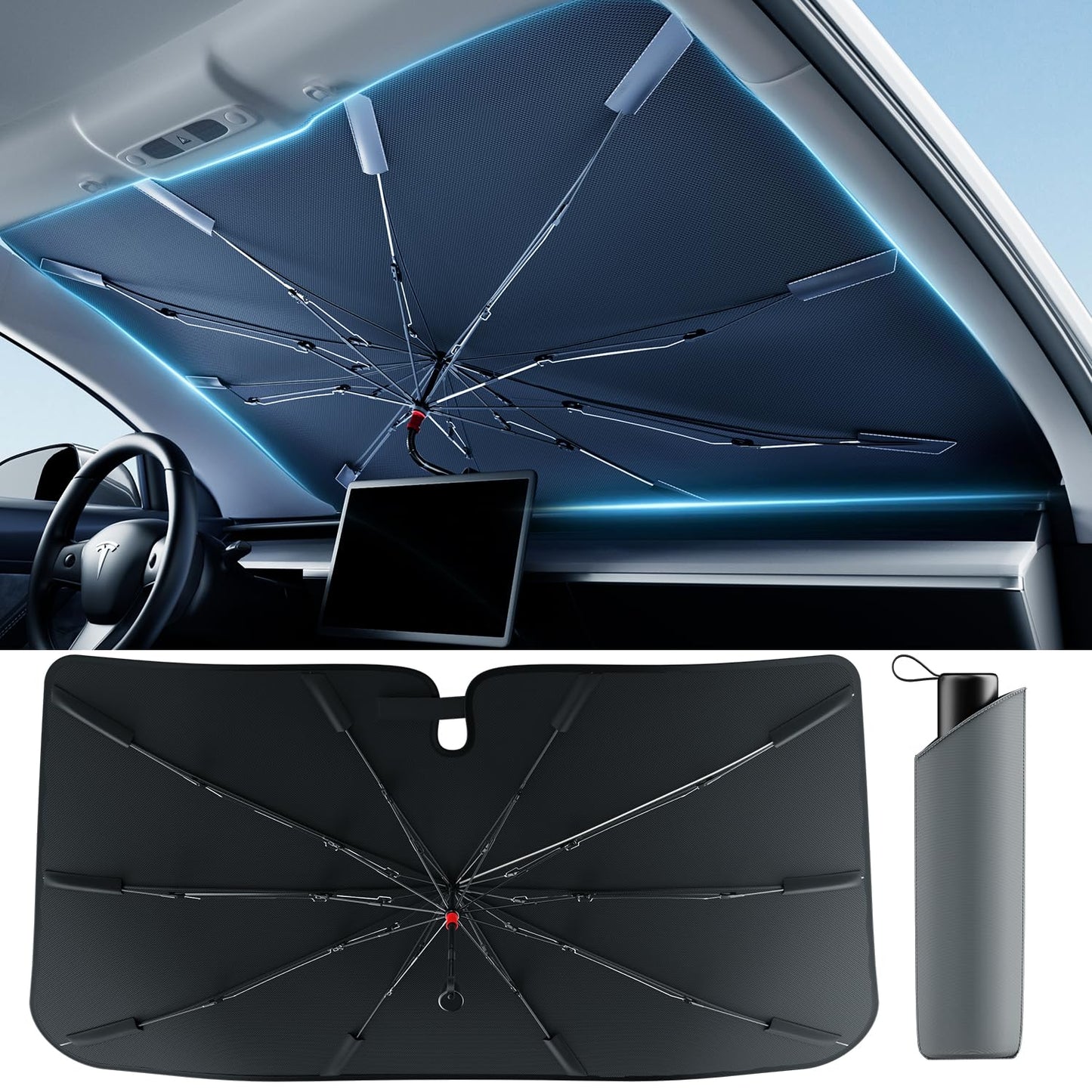 [2025 Updated] Bolamp Car Windshield Sun Shade, [Effective Keep Cool] Spring Structure Umbrella Sunshade for Automobile Windshield, Protect Cars Interior from Sun Rays, Heat Damage - Medium