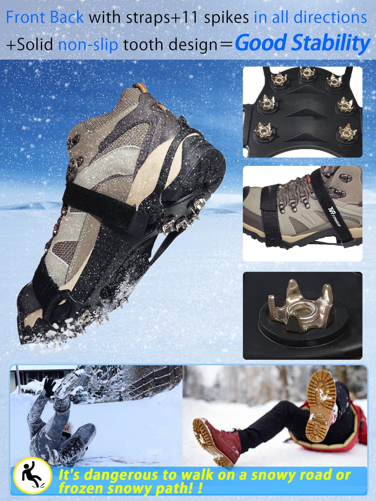 Ice Snow Cleats Non Slip Grippers for Shoes and Boots Winter Walking Traction Cleats for Men Women Overshoe Anti Slip Grips with 4 Straps L