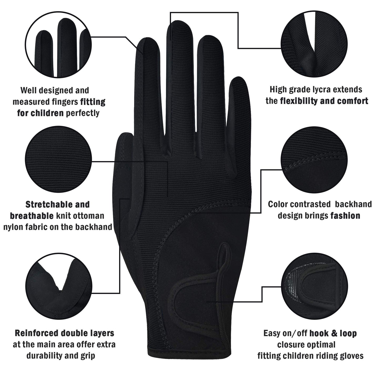 ChinFun Kids Horse Riding Gloves, Children Equestrian Gloves Premium Color-Contrasted, Summer Winter Boys Girls Youth Biking Skiing Gardening Black Size M 8-10
