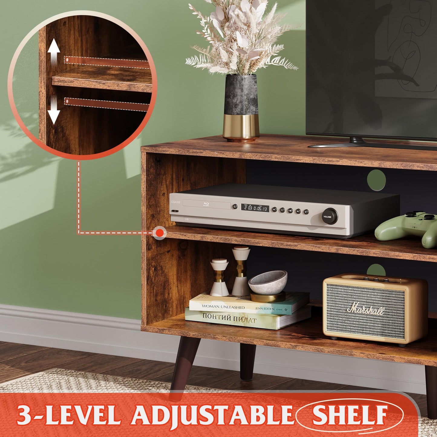 WLIVE TV Stand for 55 Inch TVs, Entertainment Center with Storage Cabinet, Mid-Century TV Stands for Living Room and Bedroom, 50" TV Console, Brown