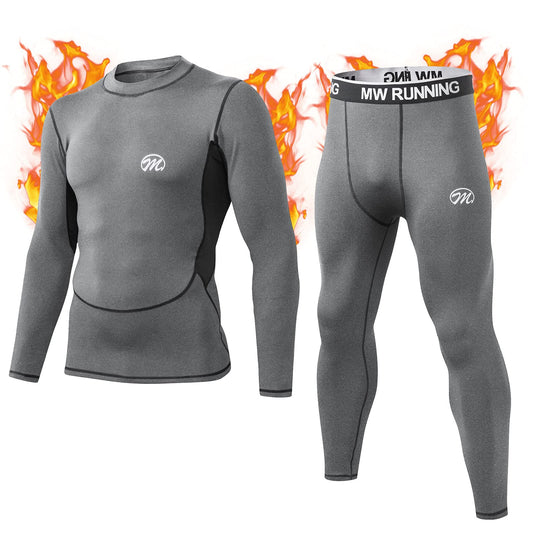 MeetHoo Men’s Thermal Underwear Set, Compression Base Layer Sports Long Johns Fleece Lined Winter Gear Running Skiing Grey