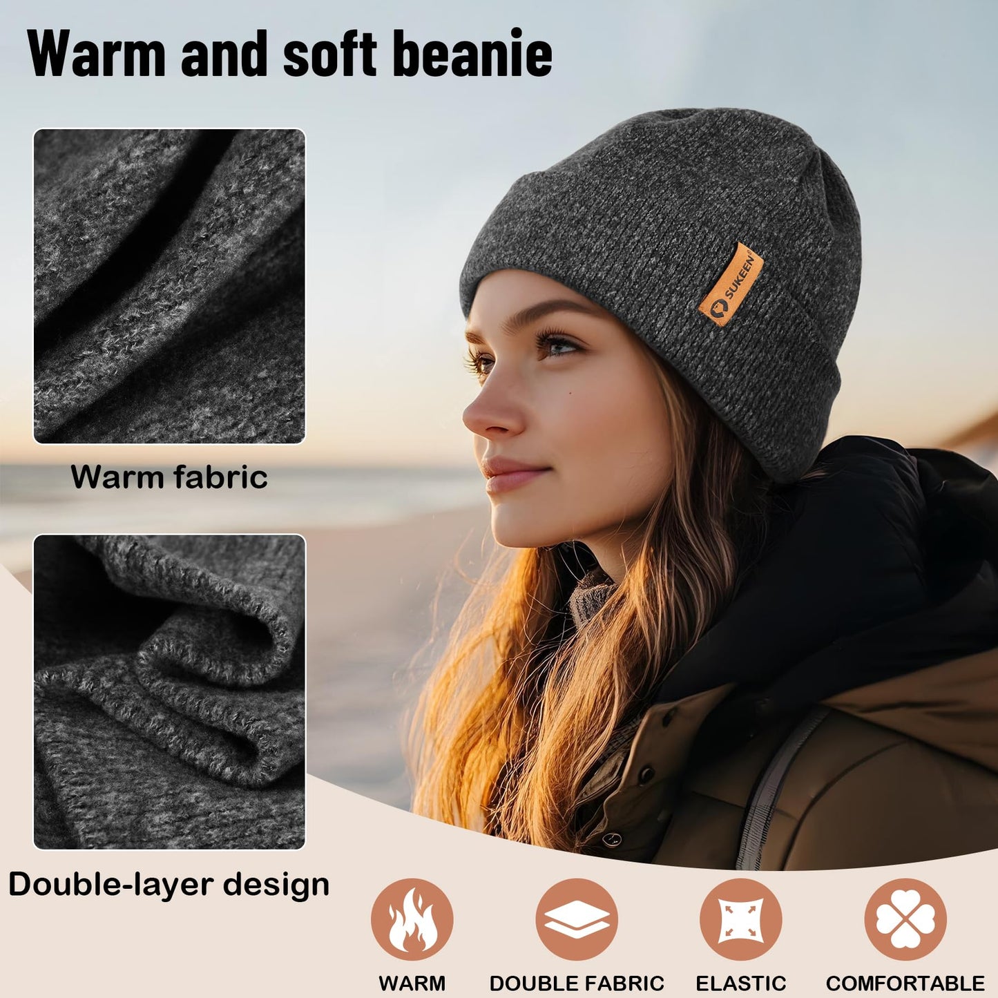 Sukeen Unisex Winter Beanie for Men and Women Soft Double-Layer Slouchy Skull Caps Warm Knitted Cuff Hat for Daily Outdoor Dark Gray