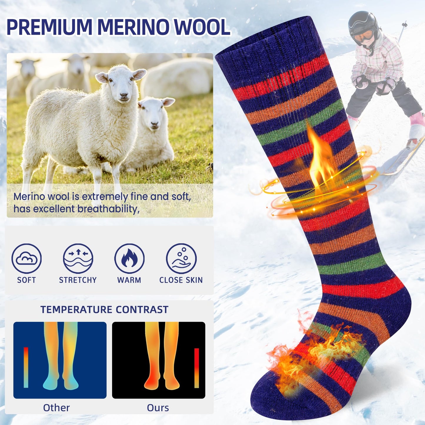 Kids Ski Socks Merino Wool Winter Warm Thermal Hiking Snowboarding Knee High Heavy Boot Socks for Toddler Boys Girls 2 Pairs(Stripe-02, 8-12 Years)