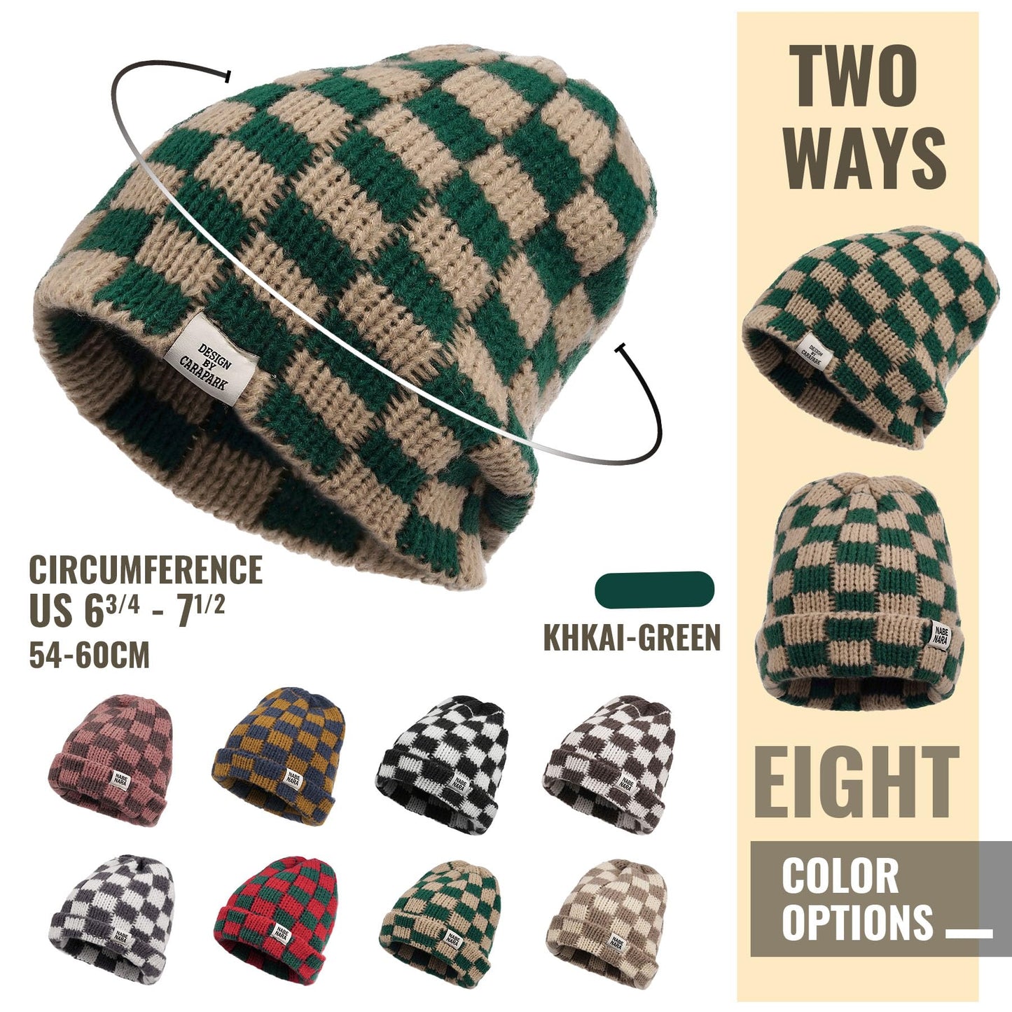 Clakllie Winter Stocking Beanie Hat Foldable Knitted Hats Roll-up Edge Skullcap Stretchy Watch Skating Hat,Khaki/Green