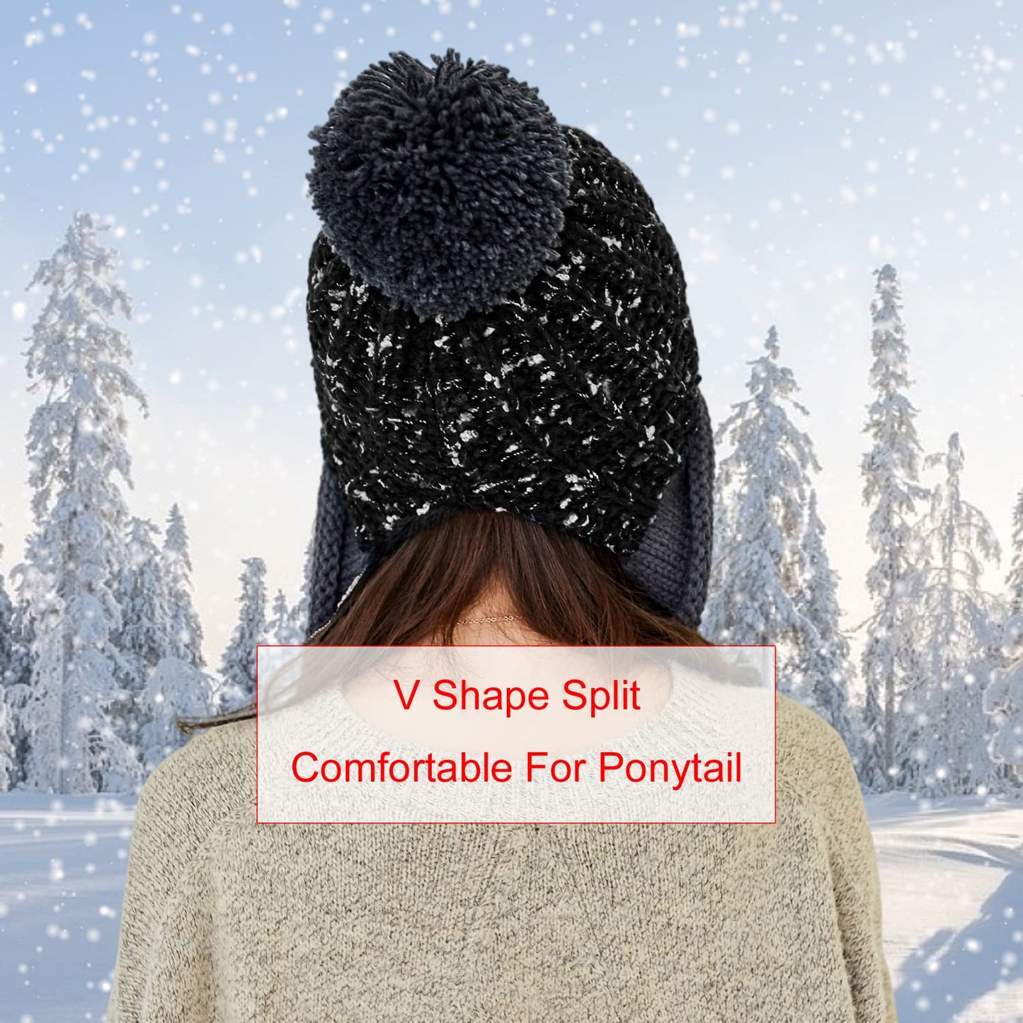 HUAMULAN Women Winter Knit Ear Flaps Beanie Hats Sherpa Peruvian Cover Ears Warm Fleece Lined Fluffy Ski Snow Hat 3 Pompoms