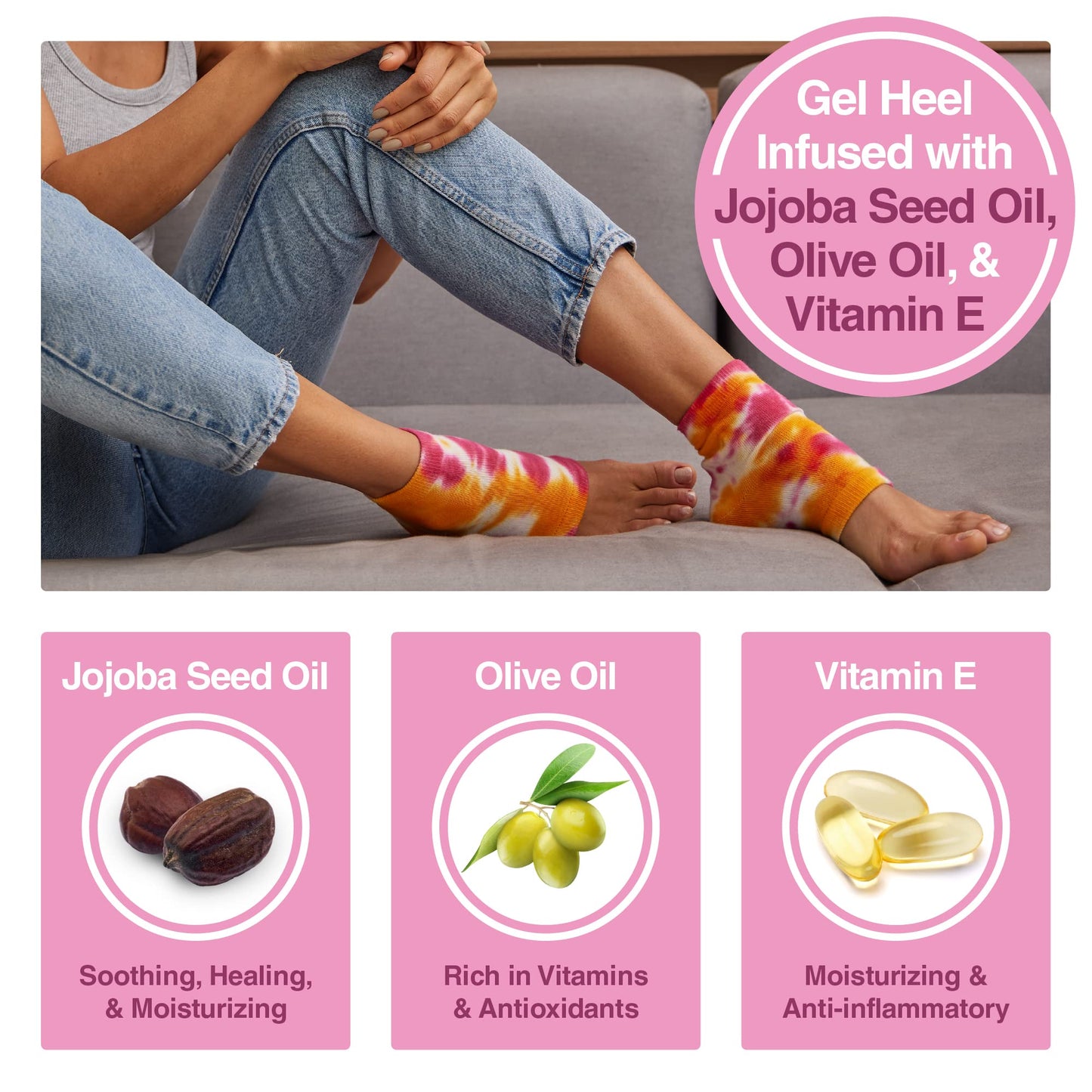 ZenToes Moisturizing Heel Socks 2 Pairs Gel Lined Toeless Spa Socks to Heal and Treat Dry, Cracked Heels While You Sleep (Regular, Pink Tie Dye)